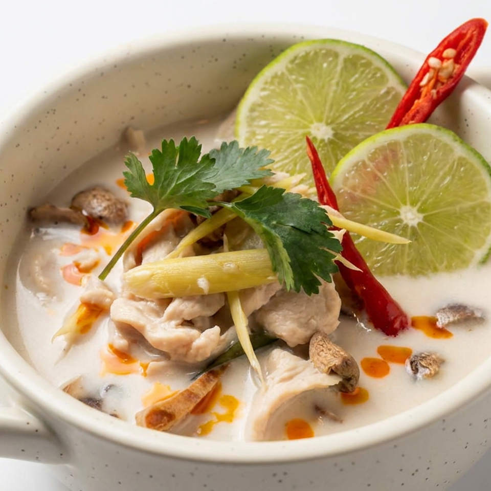 Bowl of creamy Thai coconut soup with chicken, mushrooms, lemongrass, cilantro, lime slices, and red chili.