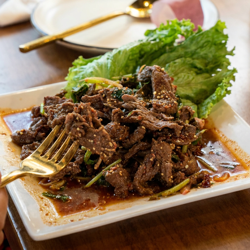 Plate of saucy sesame-seasoned sliced beef garnished with scallions and lettuce, with a fork held beside it on a wooden table.