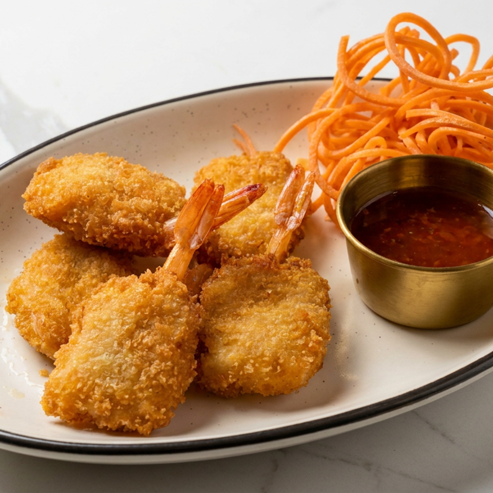 Crispy breaded shrimp with tails, spiral carrot garnish, and dipping sauce on an oval plate.