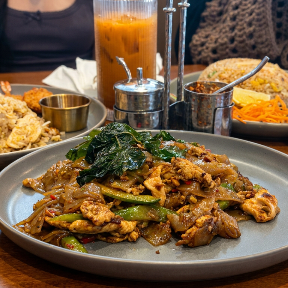 Stir-fried noodles with vegetables and crispy toppings on a gray plate, surrounded by orange drinks, rice, and condiments.