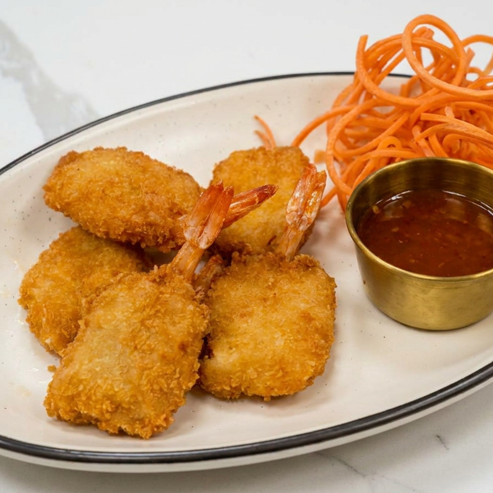 Breaded fried shrimp served with spiralized carrots and dipping sauce on a white oval plate.