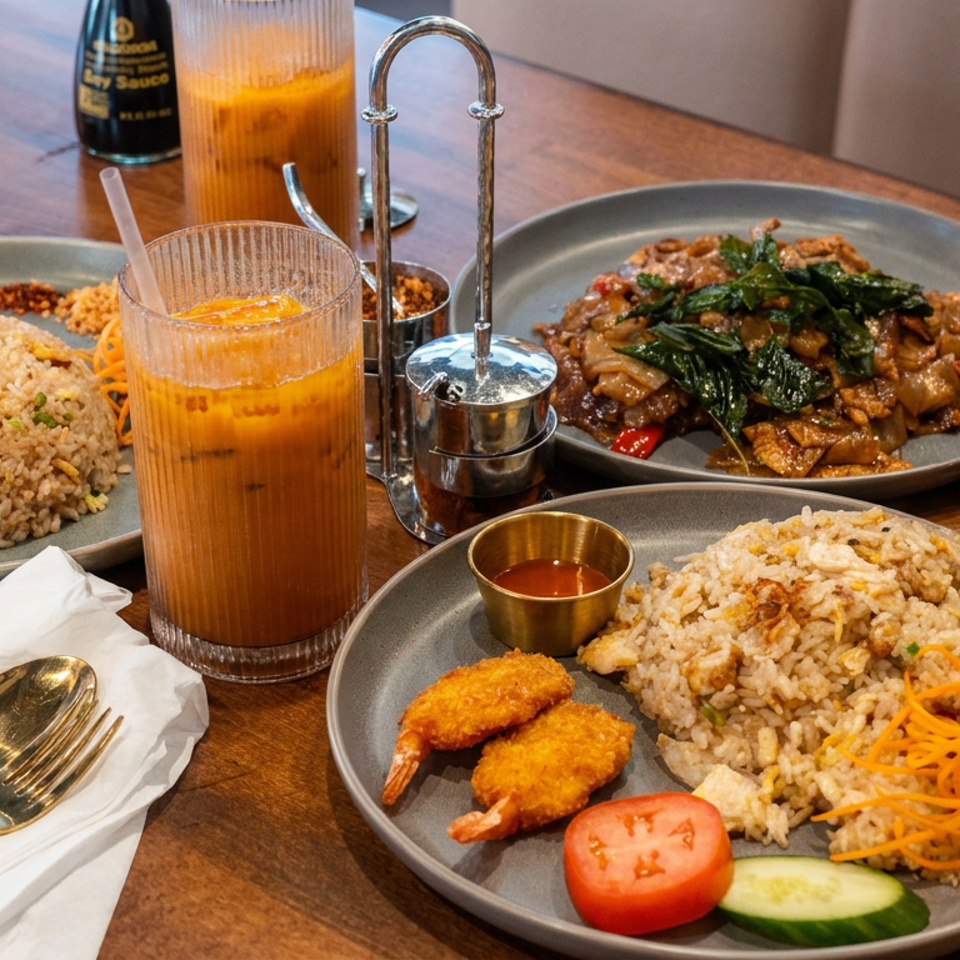 Thai restaurant spread with fried rice, crispy shrimp, stir-fried vegetables, orange iced teas, and condiments on a wooden table.