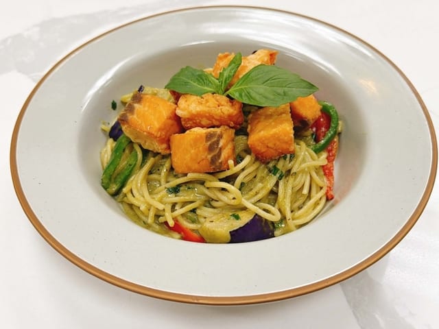 Thai Green Curry Salmon Pasta.